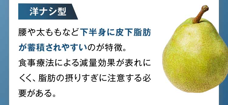洋ナシ型：下半身に皮下脂肪が蓄積される